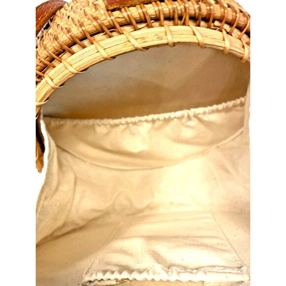 Round Rattan Woven Crossbody 8" Bag Purse Leather Strap& Closure Boho Bali Style - Picture 7 of 7